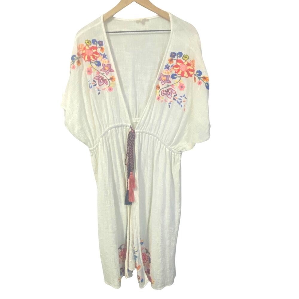 ODDY White Embroidered Floral Tassel Tie Kimono Duster Boho Short Sleeve OS